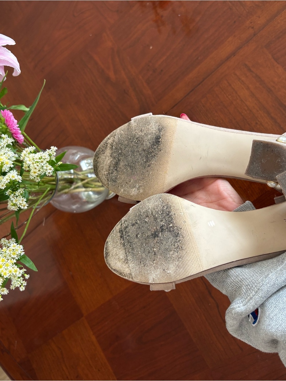 Madden Girl Women's Beige Suede Block Heel Sandals with Pearl Studs - Picture 7 of 8
